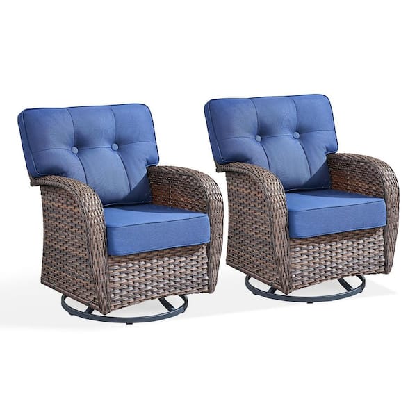 Modern Seaside Series 2-Piece Patio Wicker Swivel Outdoor Rocking Chair with Blue Cushions