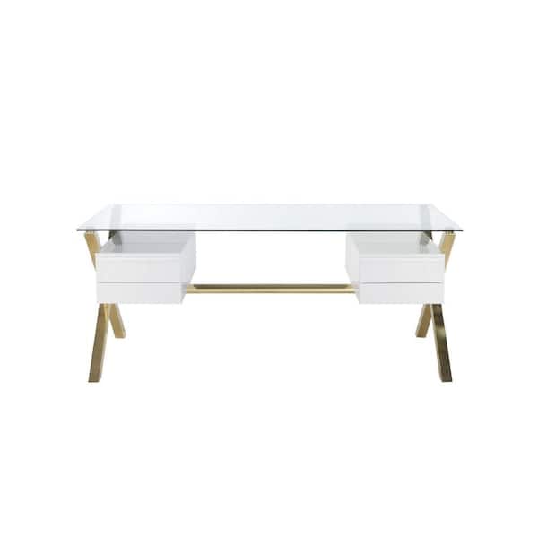 Benjara Tia 36 in. Rectangular White and Gold Glass 4-Drawer Writing Desk
