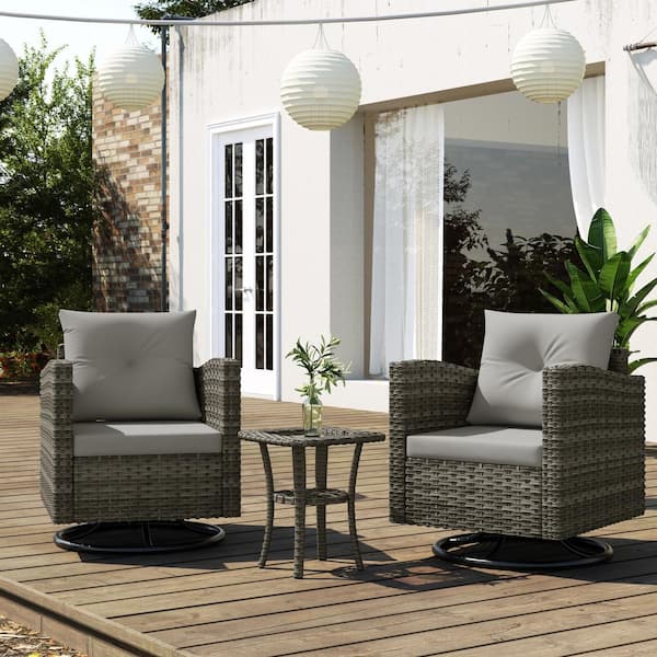Uixe 2-Person Gray-Brown Wicker Outdoor Rocking Chairs Seating Group with Gray Cushions and Coffee Table (Set of 2)