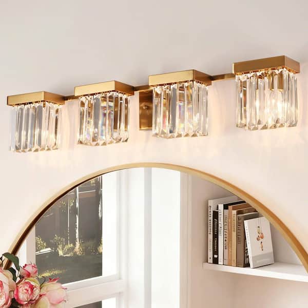 LNC Vertilux Modern Plated Brass Bathroom Crystal Vanity Light Contemporary 31.5 in. 4-Light Powder Room Wall-mounted Sconce