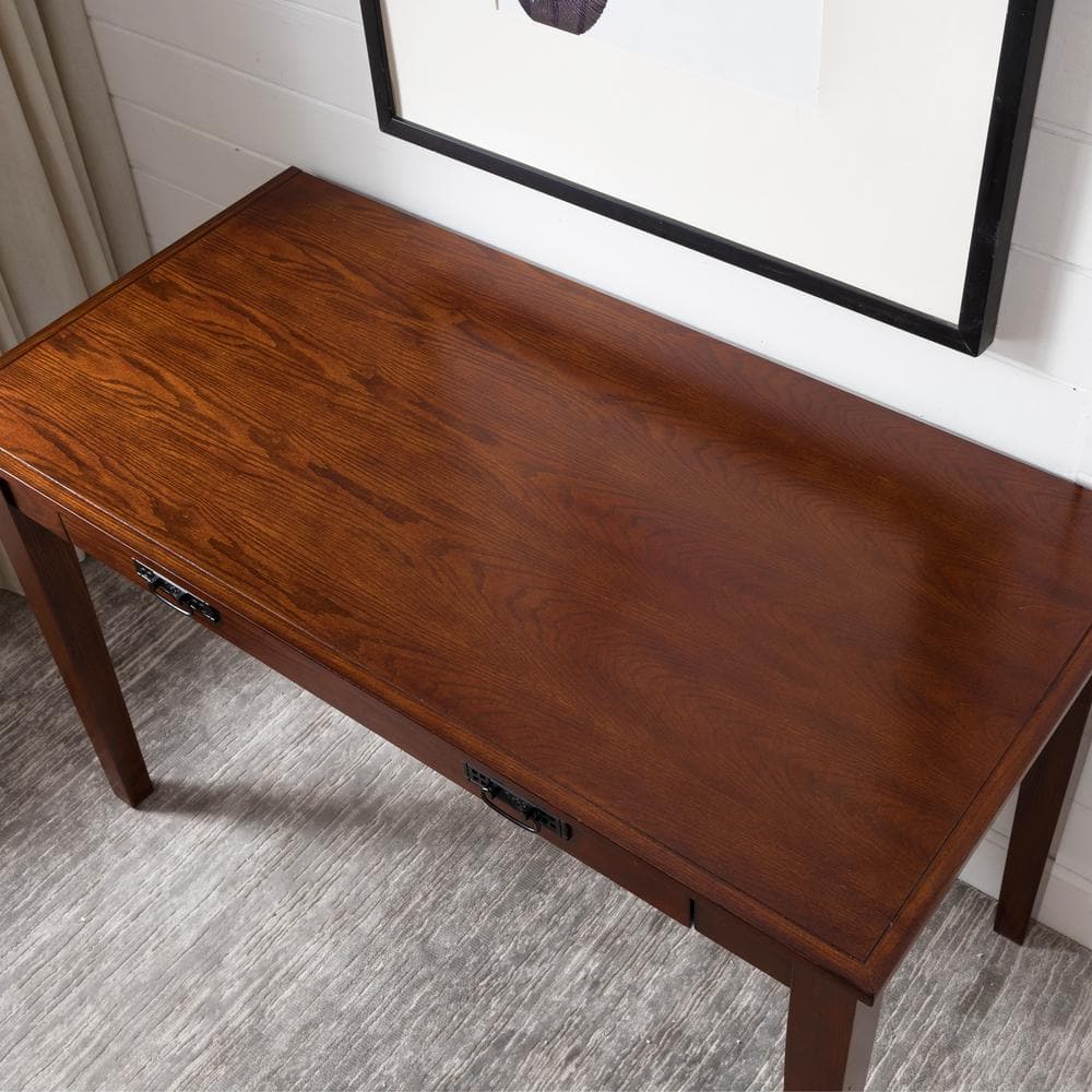 Compact Mission Oak Desk with Drop Front Keyboard Tray and Drawer