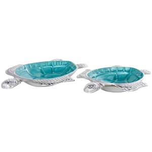 Teal Handmade Aluminum Metal Turtle Textured Enameled Decorative Bowl with Silver Base (Set of 2)