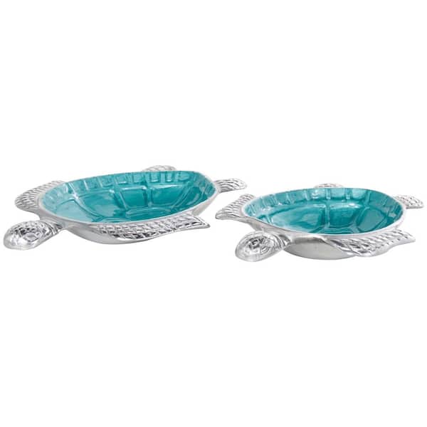 Litton Lane Teal Handmade Aluminum Metal Turtle Textured Enameled Decorative Bowl with Silver Base (Set of 2)