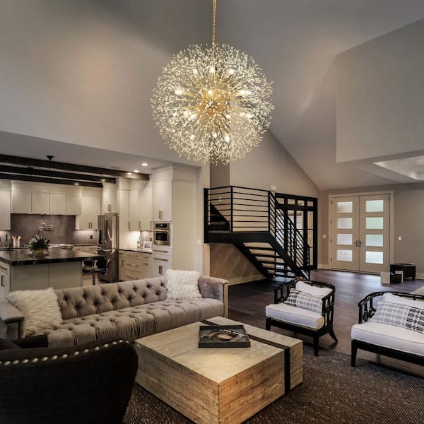 Calzada 39 in. 20-Light Brass Crystal Firework Chandelier with Included Bulbs, Modern Glam Dandelion Ceiling Fixture