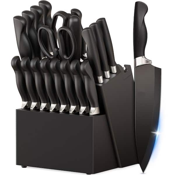 21-Piece Black Stainless Steel Kitchen Knife Set with Block and Sharpener, Knife Block Set with Ergonomic Handles
