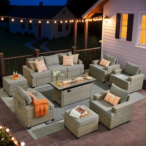 XIZZI Taylor 10-Piece Wicker Patio Rectangular Fire Pit Set with Dark Gray Cushions
