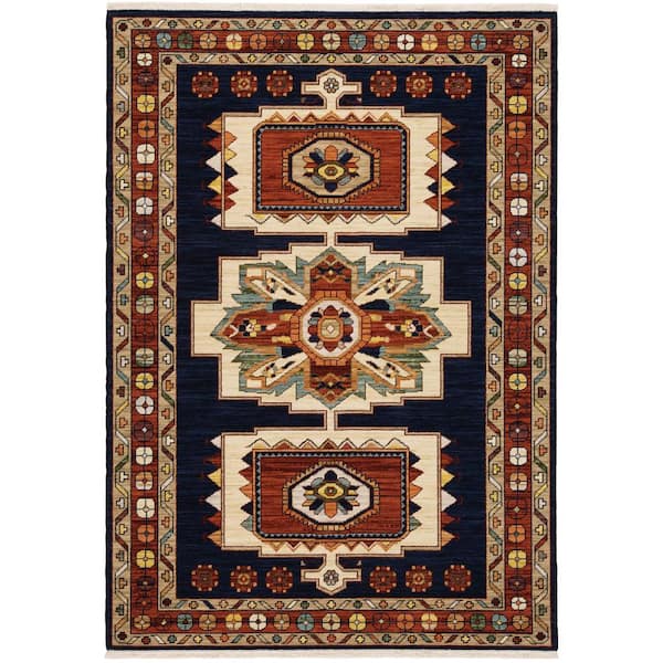 Lillian Blue/Red 5 ft. x 8 ft. Bohemian Oriental Wool/Nylon Blend Fringed-Edge Indoor Area Rug