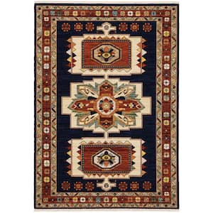 Lillian Blue/Red 6 ft. x 9 ft. Bohemian Oriental Wool/Nylon Blend Fringed-Edge Indoor Area Rug