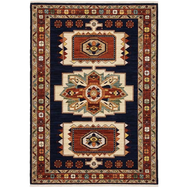 Lillian Blue/Red 10 ft. x 13 ft. Bohemian Oriental Wool/Nylon Blend Fringed-Edge Indoor Area Rug