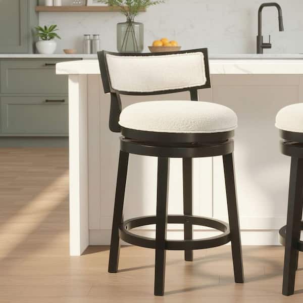 Noely 34.5 in. H Swivel Wood Counter Height Bar Stool in Black Finish with White Boucle Fabric Upholstered Seat