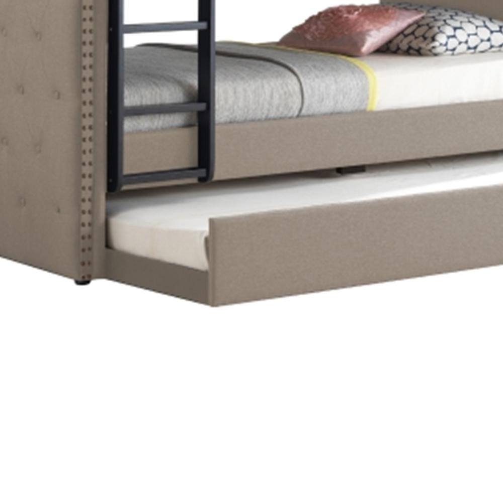 Beige Twin Bunk Bed with Trundle and Tufted Upholstery