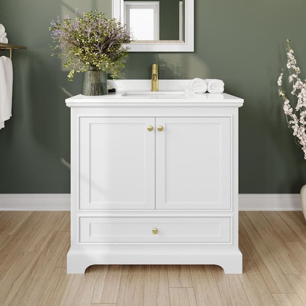 Wyndham Collection Deborah 36 in. W x 22 in. D x 35 in. H Single Bath Vanity in White with White Quartz Top and 24 in. Mirror