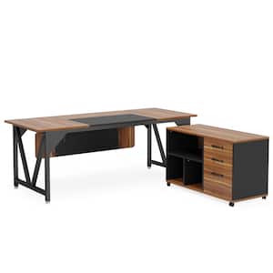 Cassey 70.8 in. Executive Desk with 35.4 in. File Cabinet Combo, L-Shaped Computer Desk Set, Brown