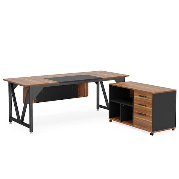 Tribesigns Cassey 70.8 in. Executive Desk with 35.4 in. File Cabinet Combo, L-Shaped Computer Desk Set, Brown