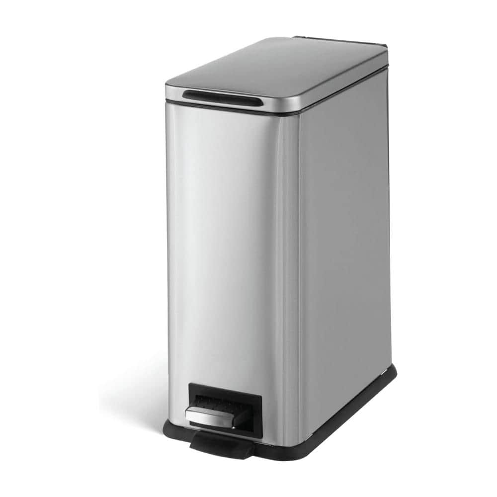 Slim Rectangular Silver Stainless Steel Step-On Trash Can