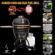 22 in. Kamado Dual Fuel Charcoal/Gas Grill in Black with Cover, Gas Burner Kit, Cart, Shelves, Lava Stone, Ash Drawer