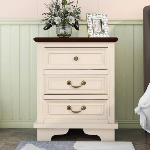 white nightstand with brown top