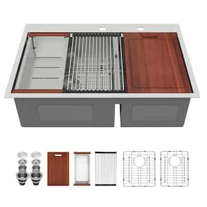 33 in. Low Divider Drop-In Double Bowl 16 Gauge Stainless Steel Workstation Kitchen Sink with Bottom Grids