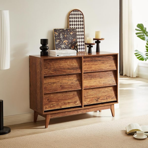 Unbranded Bevel Design Dresser Brown 6-Drawer 47.2 in. W Chest of Drawers Vintage-Style Storage Tower Unit Dresser for Bedroom