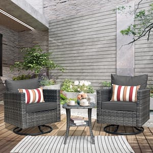 Megon Holly Gray 3-Piece Wicker Patio Conversation Seating Sofa Set with Black Cushions and Swivel Rocking Chairs