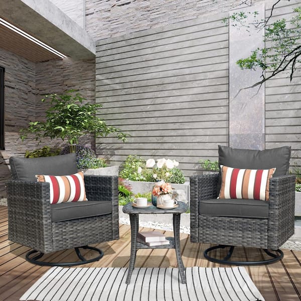 XIZZI Megon Holly Gray 3-Piece Wicker Patio Conversation Seating Sofa Set with Black Cushions and Swivel Rocking Chairs