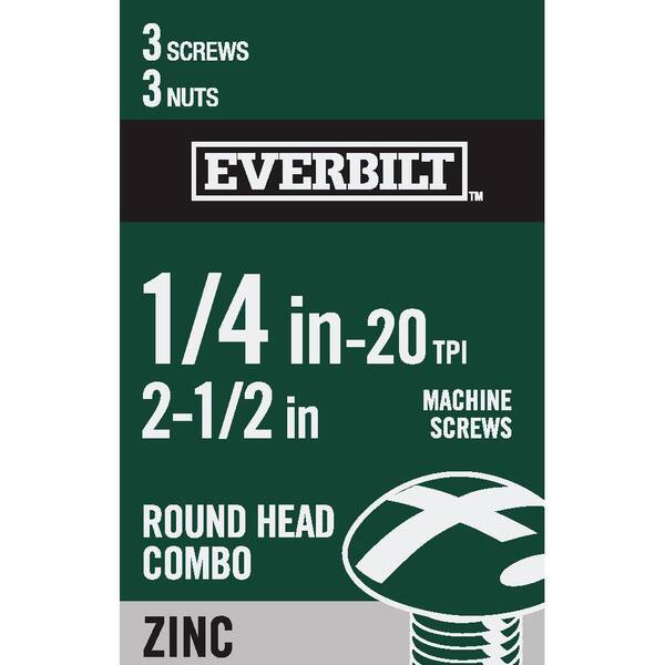 Everbilt 1/4 in.-20 x 2-1/2 in. Zinc Plated Combo Round Head Machine Screw (3-Pack)