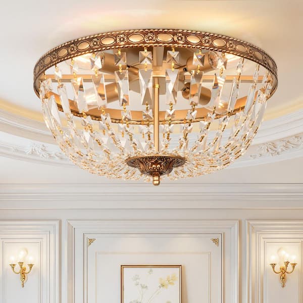 20 in. 4-Light Gold Flush Mount Crystal Strands Ceiling Light for Dining Room Foyer (No Bulbs Included)