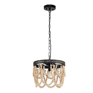 12.59 in. 3-Light Black Adjustable Chain Retro Farmhouse Style Cage Pendant Light with Wood Beaded Shad