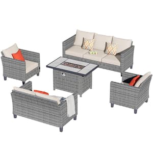 New Star Gray 5-Piece Wicker Patio Rectangle Fire Pit Conversation Seating Set with Beige Cushions