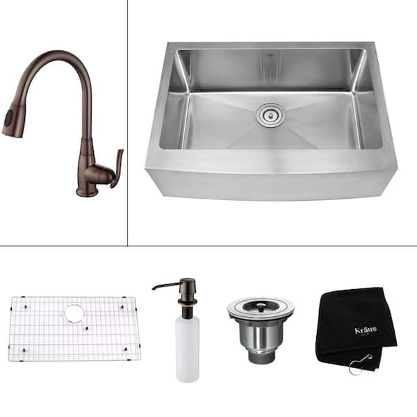 KRAUS All-in-One Farmhouse Apron Front Stainless Steel 30 in. Single Basin Kitchen Sink with Faucet in Oil Rubbed Bronze