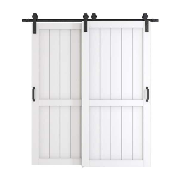 TENONER 84 in. x 84 in., 42 in. W White, MDF and DIY Painted Finished Double H-Frame Sliding Barn Door with Hardware Kit Doors-2