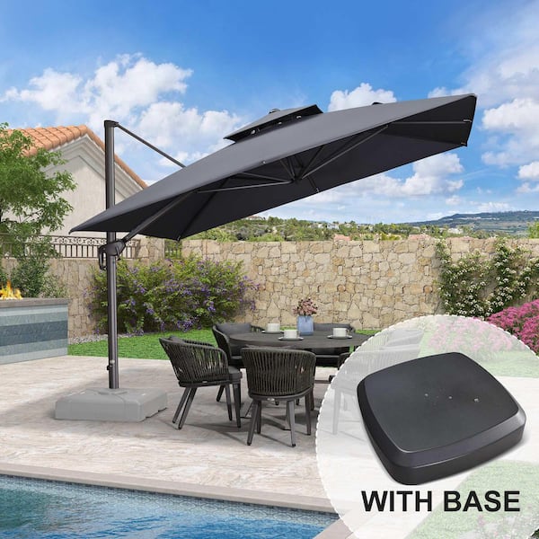PURPLE LEAF 11 ft. Square 2-Tier Aluminum Cantilever 360-Degree Rotation Patio Umbrella with Wheels Base, Gray