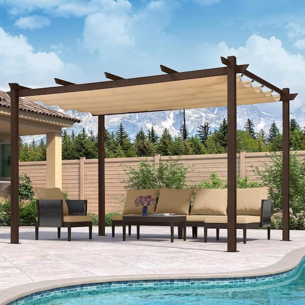 PURPLE LEAF 10 ft. x 13 ft. Bronze Aluminum Frame Outdoor Patio Pergola Gazebo with Beige Retractable Sun Shade Canopy for Porch
