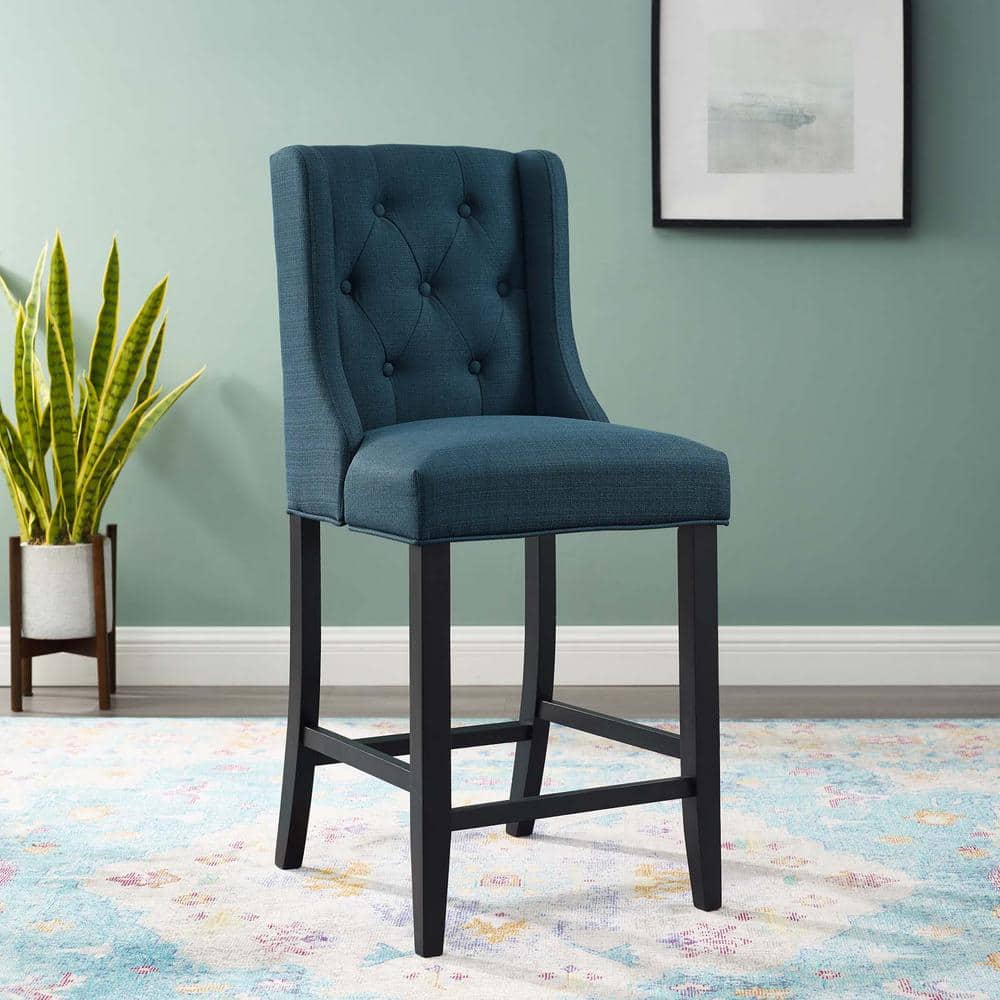 Azure Tufted Button Upholstered Fabric Counter Stool with Solid Wood Legs
