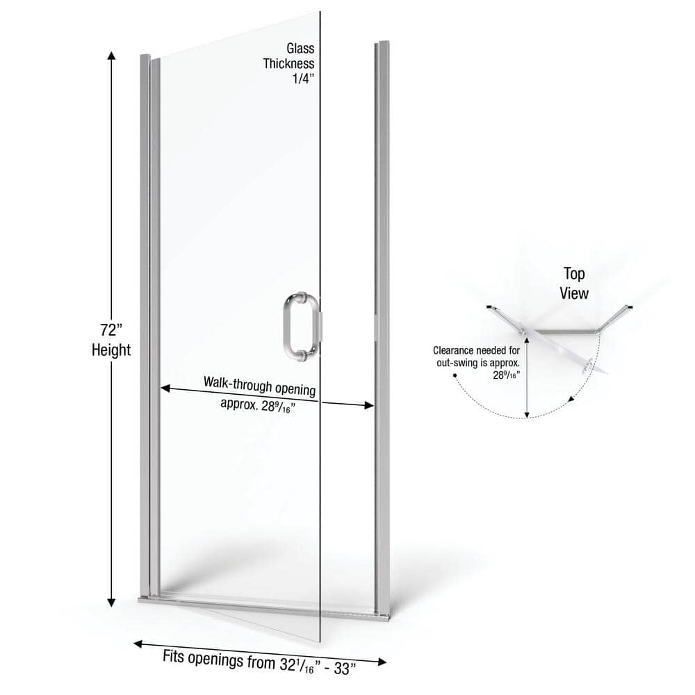 Infinity 33" Chrome Semi-Frameless Hinged Shower Door with Clear Glass
