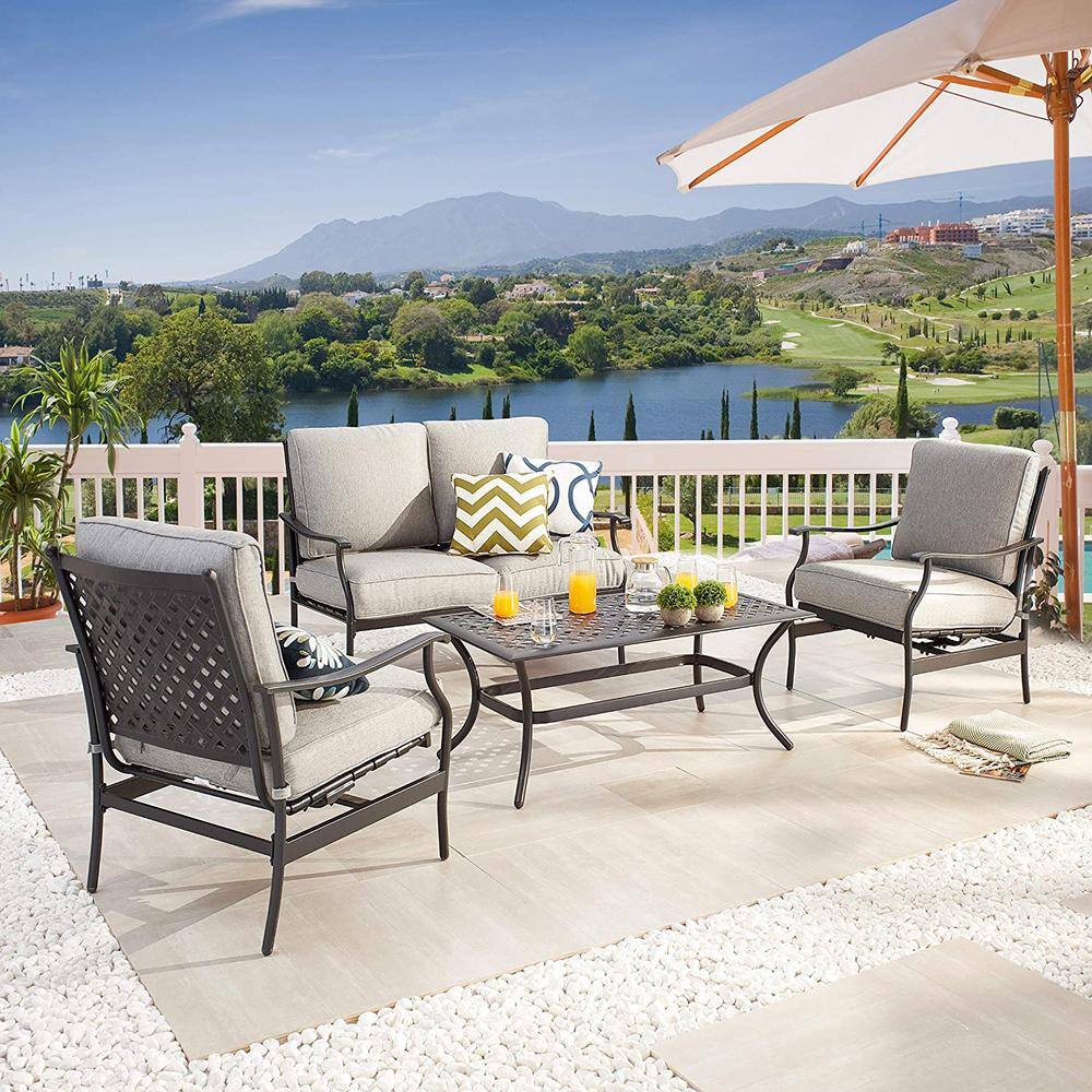 Gray Cushioned 4-Piece Steel Patio Conversation Set