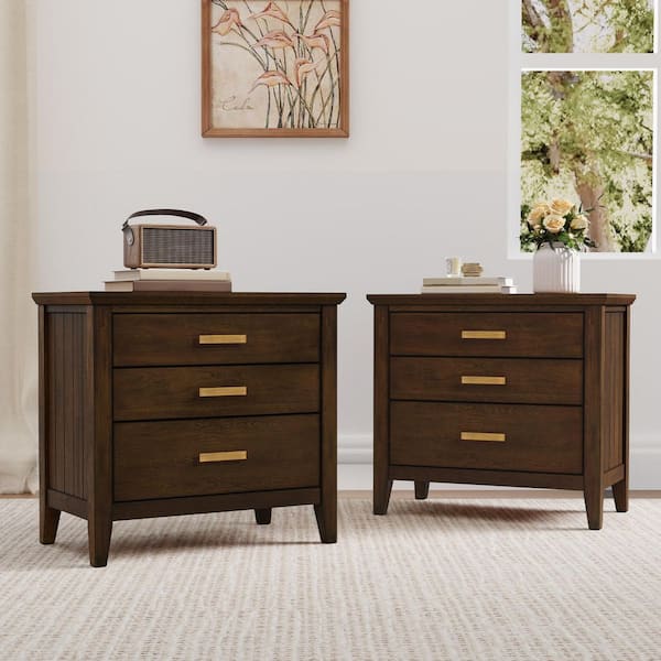 Dark Brown Modern 3-Drawer 25.8 in. W Solid Wood Nightstand Bedside Table with Storage (Set of 2)