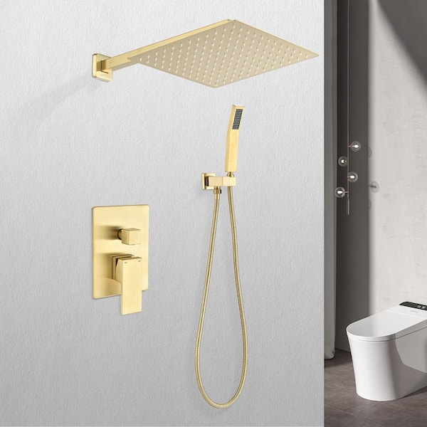 Nestfair 1-Spray Patterns with 2.0 GPM 10 in. Wall Mounted Dual Shower Heads in Brushed Gold