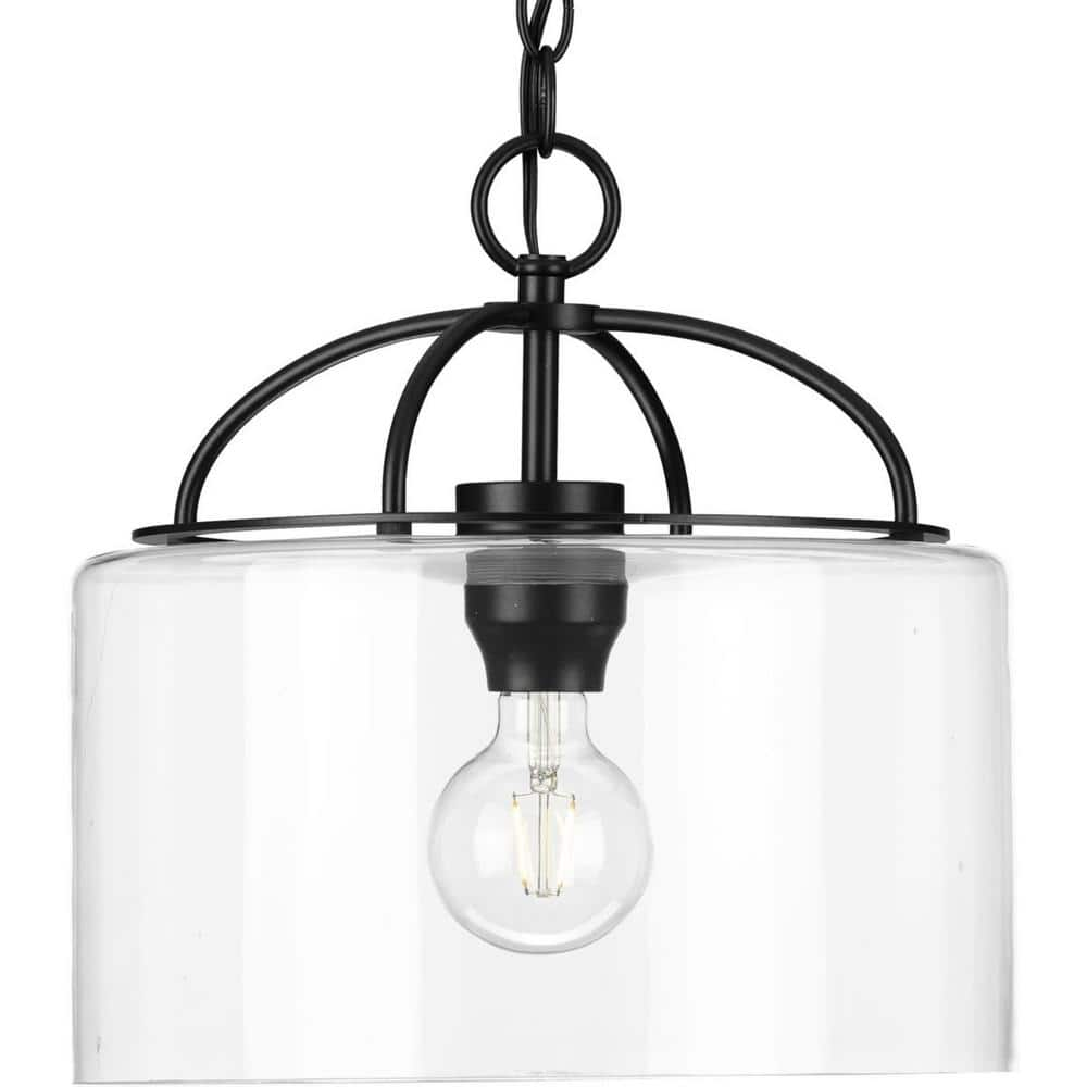 Leyden Collection One-Light Matte Black and Clear Glass Farmhouse Style Hanging Pendant Light