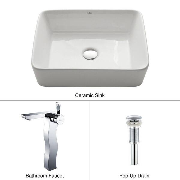 KRAUS Rectangular Ceramic Vessel Sink in White with Sonus Faucet in Chrome