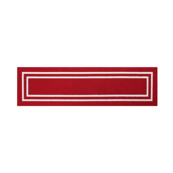 Tufted Red and White 2 ft. 2 in. x 8 ft. Double Line Border Runner Rug