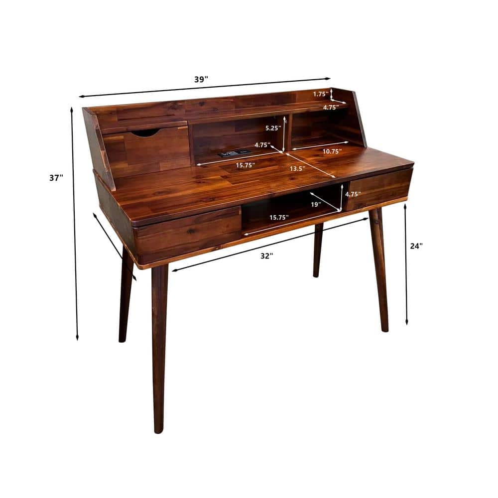 Mahogany Acacia Wood Desk with Charging Station and Drawers