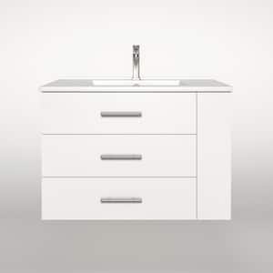 Rita 30.25 in. Single Sink Wallmount Bath Vanity with White Ceramic Countertop in Matte White with Right Side Shelf