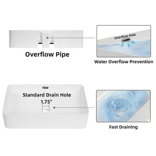 24 in. x 15 in. Rectangular Vessel Sink with Overflow, Modern Above Counter Porcelain Sink for Bathrooms, White Basin