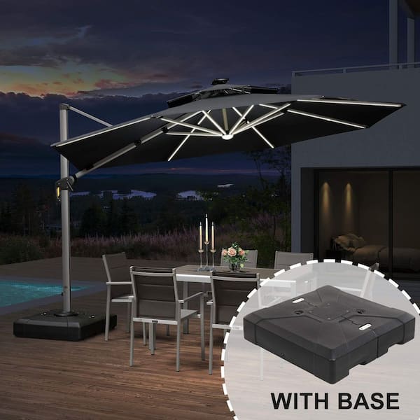 12 ft. Octagon Aluminum Solar Powered LED Patio Cantilever Offset Umbrella with Base, Gray