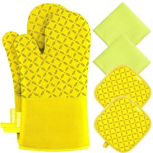 6Pcs Oven Mitts and Pot Holders with High Heat Resistant 500° and Non-Slip Silicon Surface for Cooking in Yellow