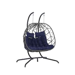Modern Metal Large Dark Gray Ratten Double Seat Patio Swing Egg Chair with Blue Cushions