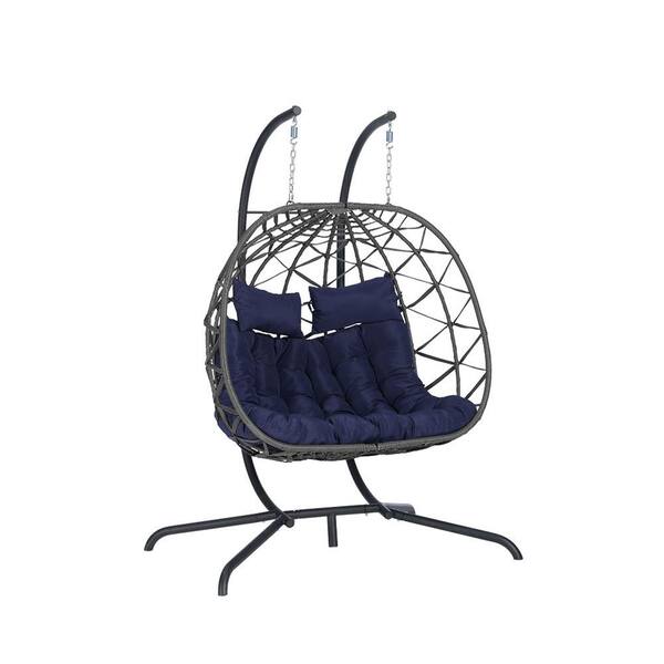Sudzendf Modern Metal Large Dark Gray Ratten Double Seat Patio Swing Egg Chair with Blue Cushions