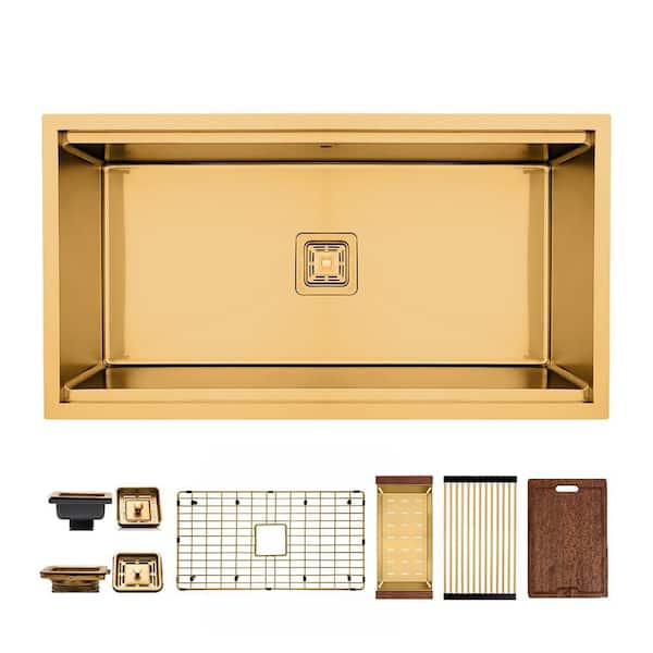 36 in. Undermount Single Bowl 16 Gauge Gold Stainless Steel Workstation Kitchen Sink with Accessories