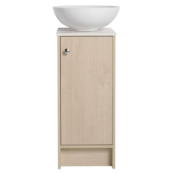 MYCASS MIN 18 in. W x 19 in. D x 36 in. H Small Freestanding Bathroom Vanity in Oak with White Vessel Sink Cultured Marble Top